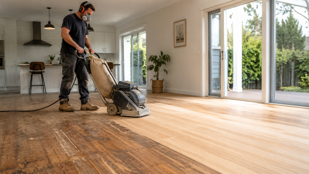 Professional floor sanding in Geelong restoring worn timber flooring in a bright home interior.