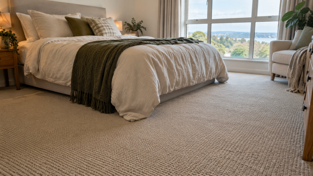 Wool carpet in a cosy Geelong bedroom with neutral styling and soft textured flooring